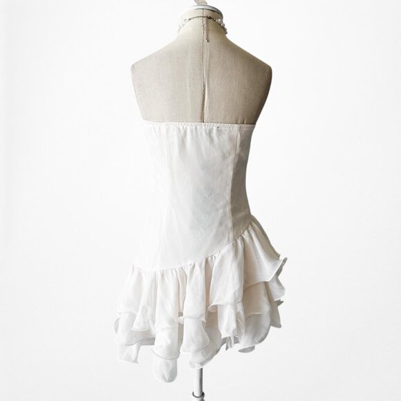 Off White Strapless Ruffle Asymmetric Hem Fit Flared Mini Dress Size S/M - Picture 6 of 7